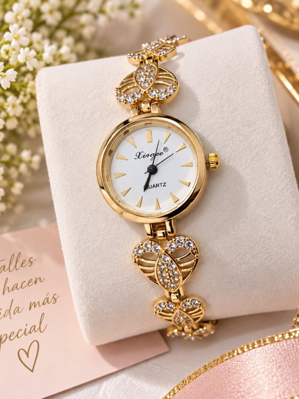 14k Laminated Stailess Steel  Gold Heart Accent Women's Quartz Bracelet Watch
